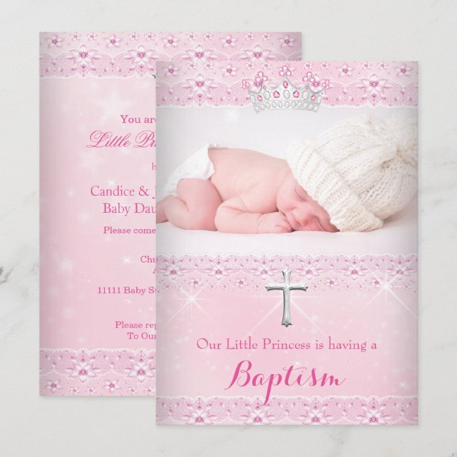 Rosa dopbabyfoto av tjejtiara inbjudningar (Fram/baksida)