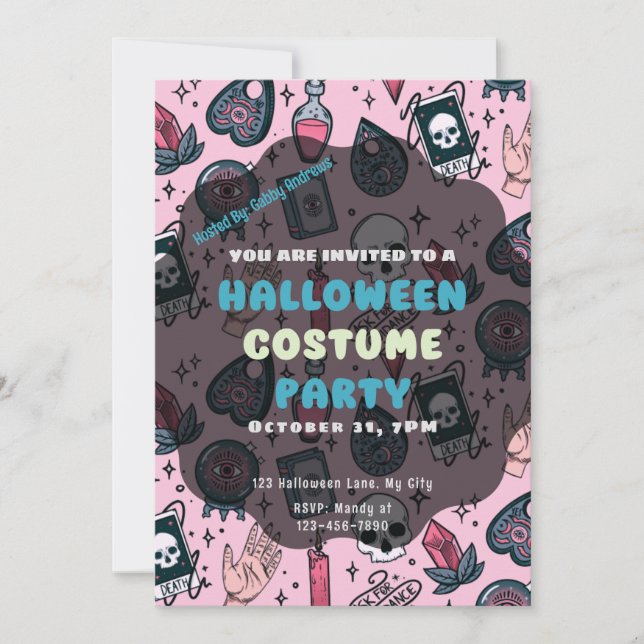 Rosa Döskallar Tarot Candles Crystals Halloween Inbjudningar (Framsida)