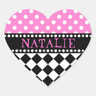 Rosa Dot Checkerboard Hjärtformat Klistermärke