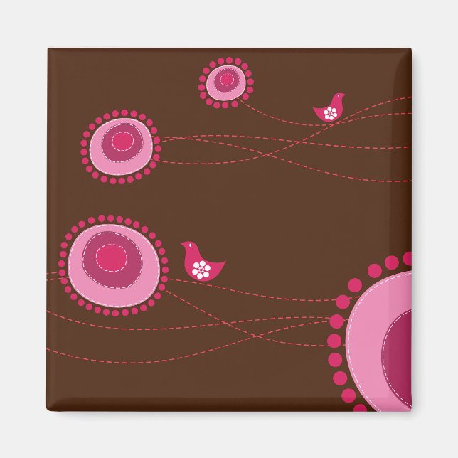 Rosa Doted Flowers and Birds Magnet (Framsidan)