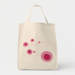 Rosa Doted Flowers and Lycklig Birds Cute Tote Bag Tygkasse