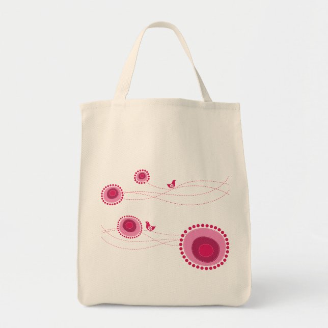 Rosa Doted Flowers and Lycklig Birds Cute Tote Bag Tygkasse (Framsidan)