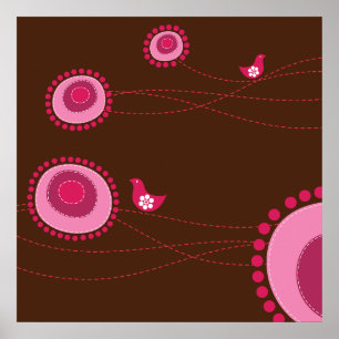 Rosa Doted Flowers and Lycklig Birds Poster