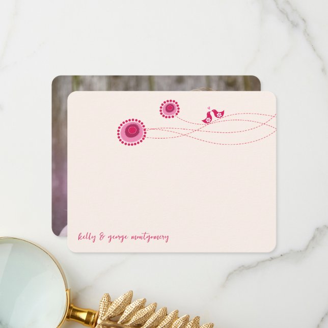 Rosa Doted Flowers & Cute Kissing Birds Bröllop Tack Kort (Fram/Back In Situ)