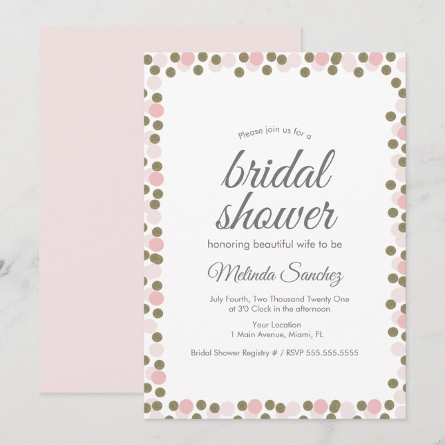 Rosa Dots Confetti Guld Gräns Möhippa Inbjudningar (Fram/baksida)