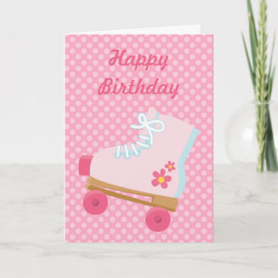 Rosa Dots Rollerskate Birthday Card Kort