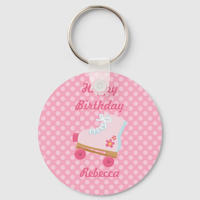 Rosa Dots Rollerskate Birthday Keychain Nyckelring (Framsida)