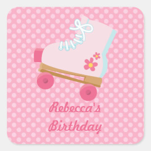Rosa Dots Rollerskate Birthday Square Stickers Fyrkantigt Klistermärke