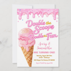 Rosa Double the Scoops Födelsedagsglitter Glitter Inbjudningar
