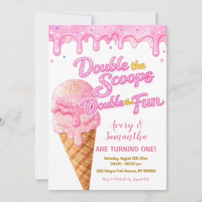 Rosa Double the Scoops Födelsedagsglitter Glitter Inbjudningar (Framsida)