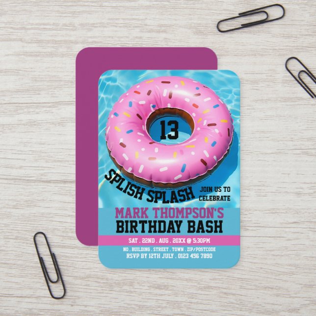 Rosa Doughnut, Bassäng Party Birthday Handout Bilj Visitkort (Fram/Back In Situ)
