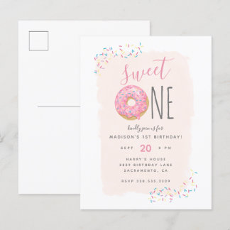  | Rosa Doughnut Sprinkle Sweet 1st Birthday Inbjudan Vykort