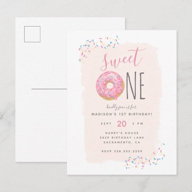  | Rosa Doughnut Sprinkle Sweet 1st Birthday Inbjudan Vykort (Fram/baksida)