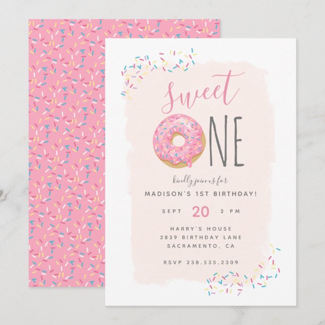  | Rosa Doughnut Sprinkle Sweet 1st Birthday Inbjudningar (Fram/baksida)