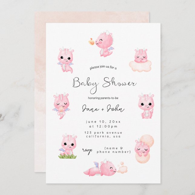 Rosa Dragon Baby Shower-inbjudan Inbjudningar (Fram/baksida)