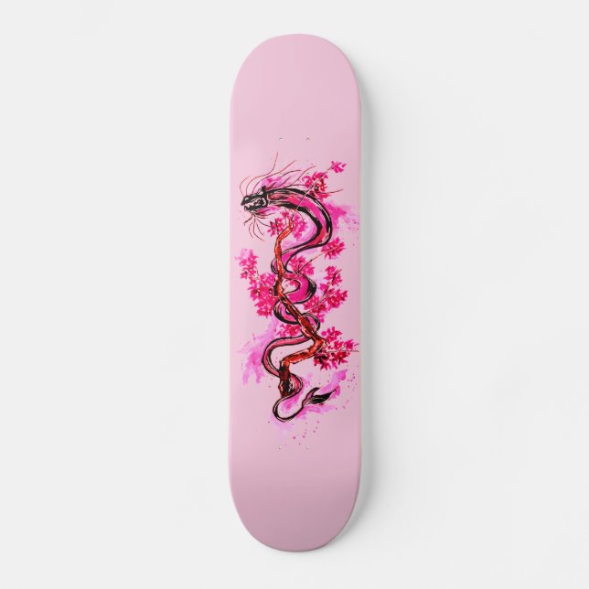 Rosa Dragon och Blommar Mini Skateboard Bräda 18,5 Cm (Framsida)