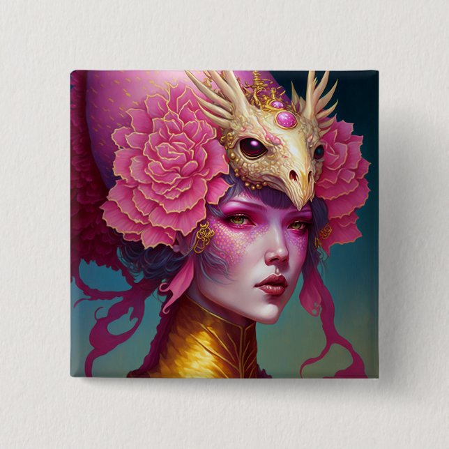 Rosa Dragon Skull Woman Fantasy Art Knapp (Framsida)