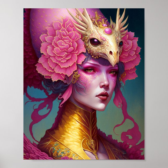 Rosa Dragon Skull Woman Fantasy Art Poster (Framsidan)