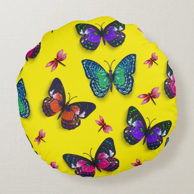 Rosa Dragonflies & Butterflies Round Pillow Rund Kudde (Baksidan)