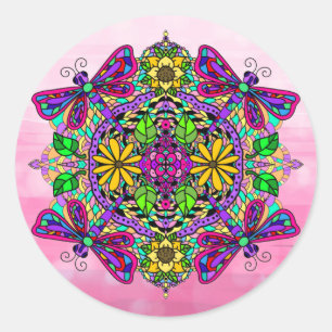 Rosa Dragonfly och Flowers Mandala Hand plockade A Runt Klistermärke
