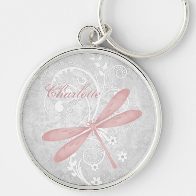Rosa Dragonfly Personlig Keychain Rund Silverfärgad Nyckelring (Framsidan)