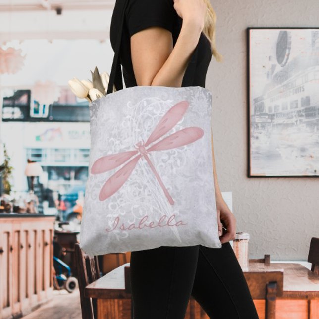 Rosa Dragonfly Personlig Tote Bag Tygkasse (Pink Dragonfly Personalized Tote Bag)