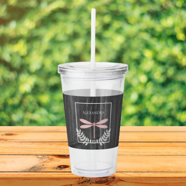 Rosa Dragonfly Rustic Personlig Acrylic Tumbler Take Away Mugg (Pink Dragonfly Rustic Personalized Acrylic Tumbler)