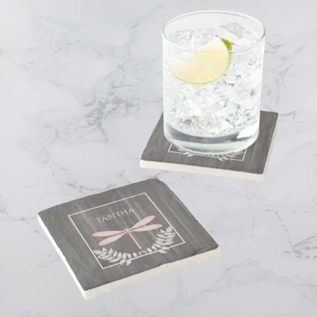 Rosa Dragonfly Rustic Personlig Stone Underlägg (Pink Dragonfly Rustic Personalized Stone Coaster)
