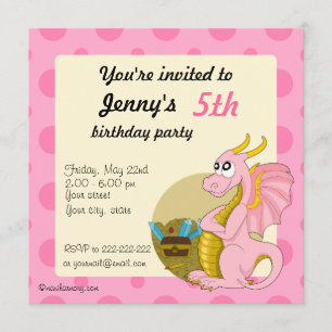 Rosa drake-tecknad, utskriftsinbjudningar inbjudningar