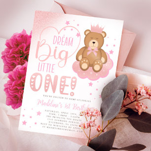Rosa Dream Big Little One Sömnig Bear Birthday Inbjudningar