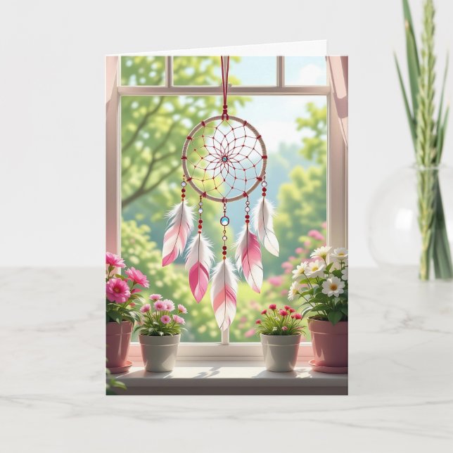 Rosa Dreamcatcher and Plants Window Birthday Kort (Framsida)