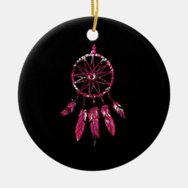 Rosa Dreamcatcher Feathers Native Indian Julgransprydnad Keramik (Framsidan)