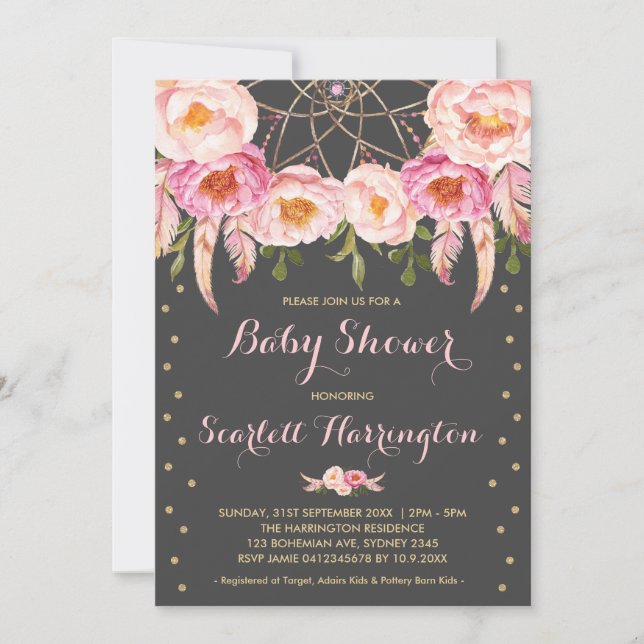 Rosa Dreamcatcher Girl Baby Shower Boho Blommigt Inbjudningar (Framsida)