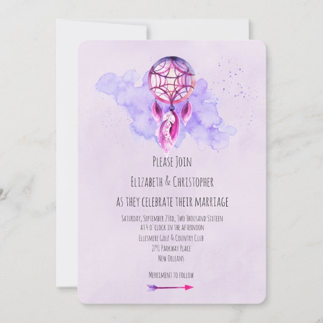 Rosa Dreamcatcher Lila Watercolor bröllopsinbjudan Inbjudningar (Framsida)