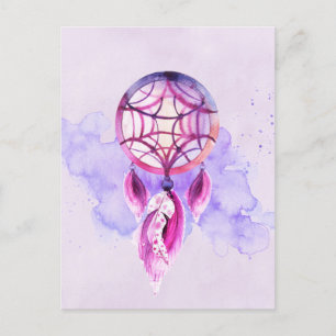 Rosa Dreamcatcher On Lila Watercolor Splatter Vykort