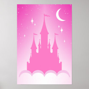 Rosa Dreamy Castle in Clouds Starry Måne Himlar Poster