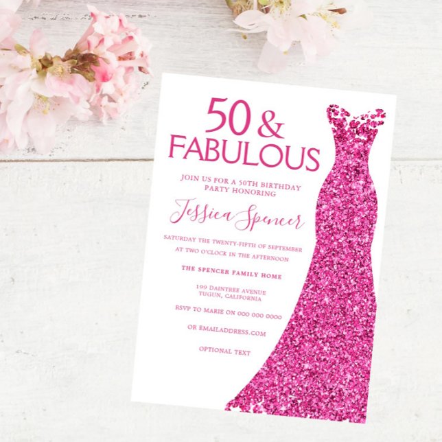 Rosa Dress 50:e Födelsedagsfesten och Fabulous Inbjudningar (Skapare uppladdad)