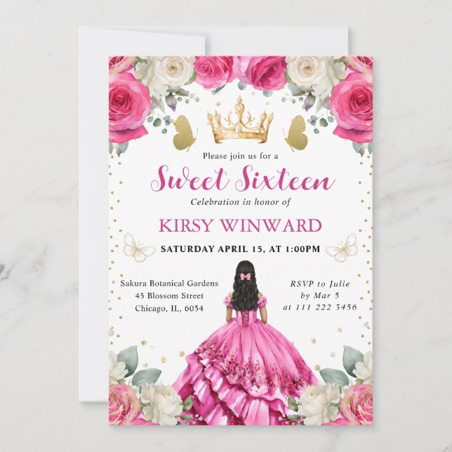 Rosa Dress Black Hair Princess Sweet 16 Inbjudningar (Framsida)
