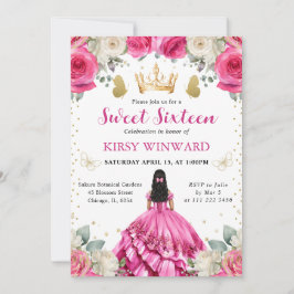 Rosa Dress Black Hair Princess Sweet 16 Inbjudningar