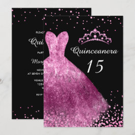 Rosa Dress & Black Quinceanera 15:e Födelsedagsfes Inbjudningar