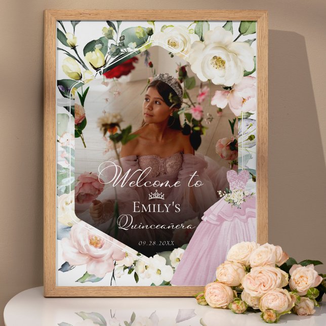 Rosa Dress Blommigt Photo Quinceañe Välkomsttecken Poster (Skapare uppladdad)
