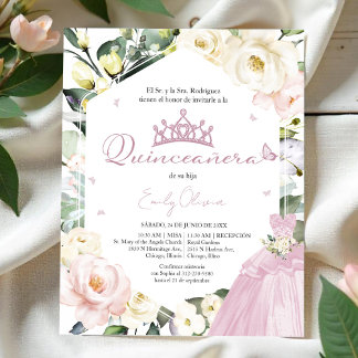 Rosa Dress Blommigt Quinceañera Spansk inbjudan