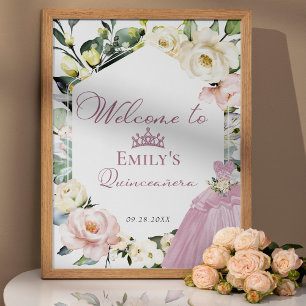 Rosa Dress Blommigt Ram Quinceañera Välkomsttecken Poster
