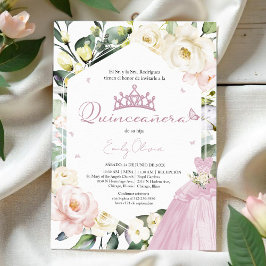 Rosa Dress Boho Blommigt Ram Quinceañera Spanska Inbjudningar