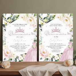 Rosa Dress Butterfly Blommigt Quinceañera Bilingua Inbjudningar