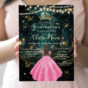 Rosa Dress Girl Girl Guld Quinceañera Inbjudningar