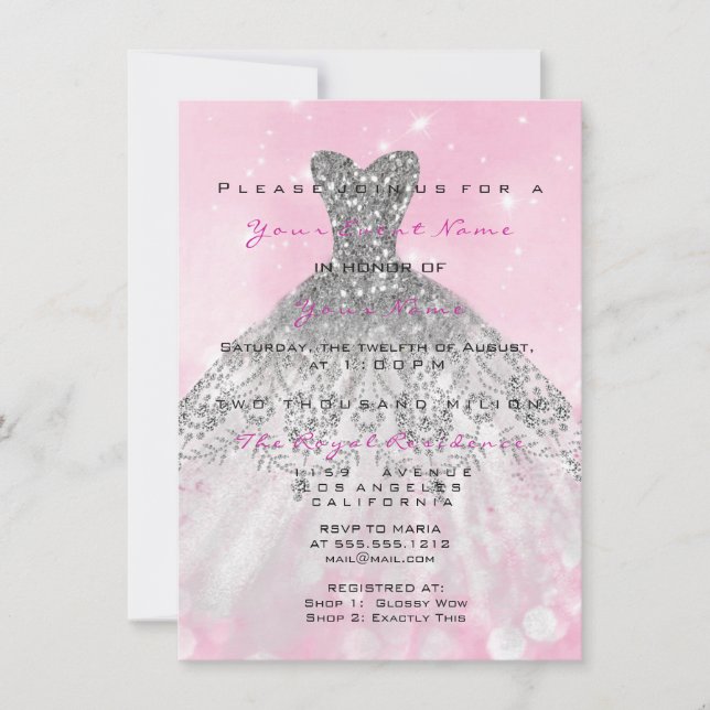 Rosa Dress Glitter Candy 16:e Möhippan Grått Silve Inbjudningar (Framsida)