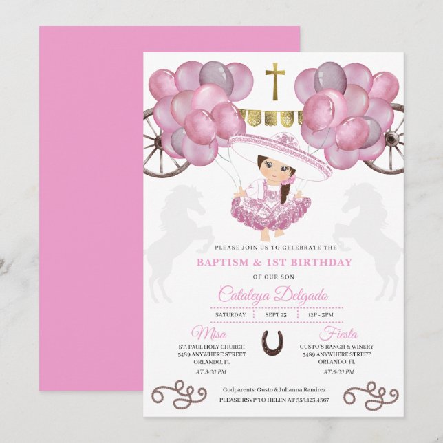 Rosa Dress Guld Baby Charra Blegons Baptism Inbjudningar (Fram/baksida)