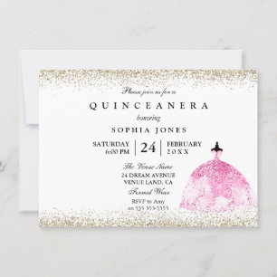 Rosa Dress Guld Glitter Quinceanera-inbjudan Inbjudningar