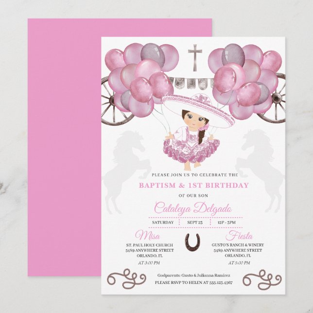 Rosa Dress Mexican Baby Charra Blegons Baptism Inbjudningar (Fram/baksida)